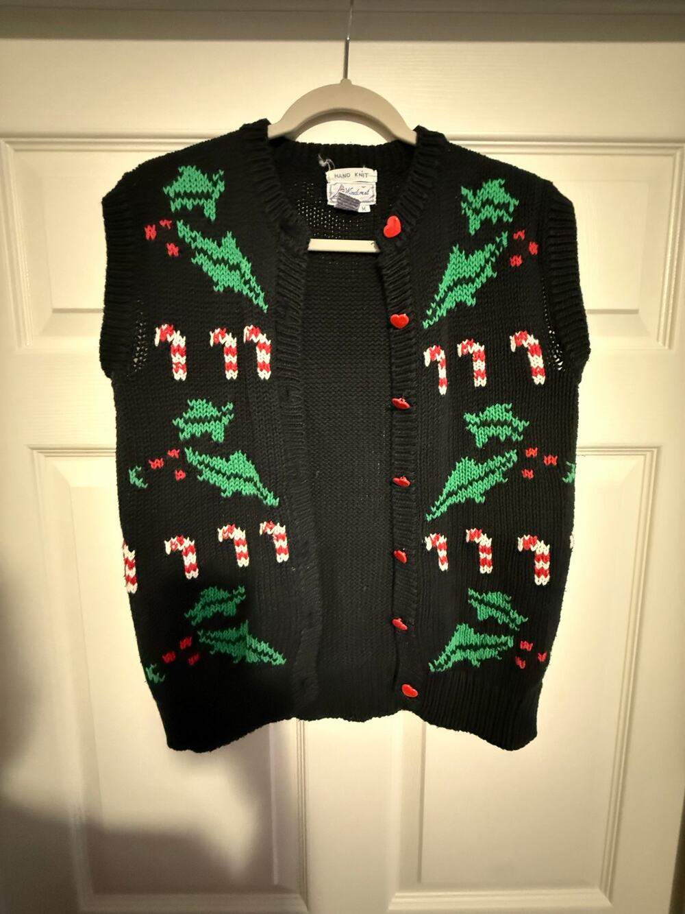 Vintage Windcrest Hand Knit Christmas Sweater Vest M Candy Cane Holly Hearts
